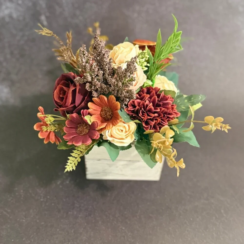 Fall Faux Floral Arrangement in Rustic Wooden Box – Home or Office Decor